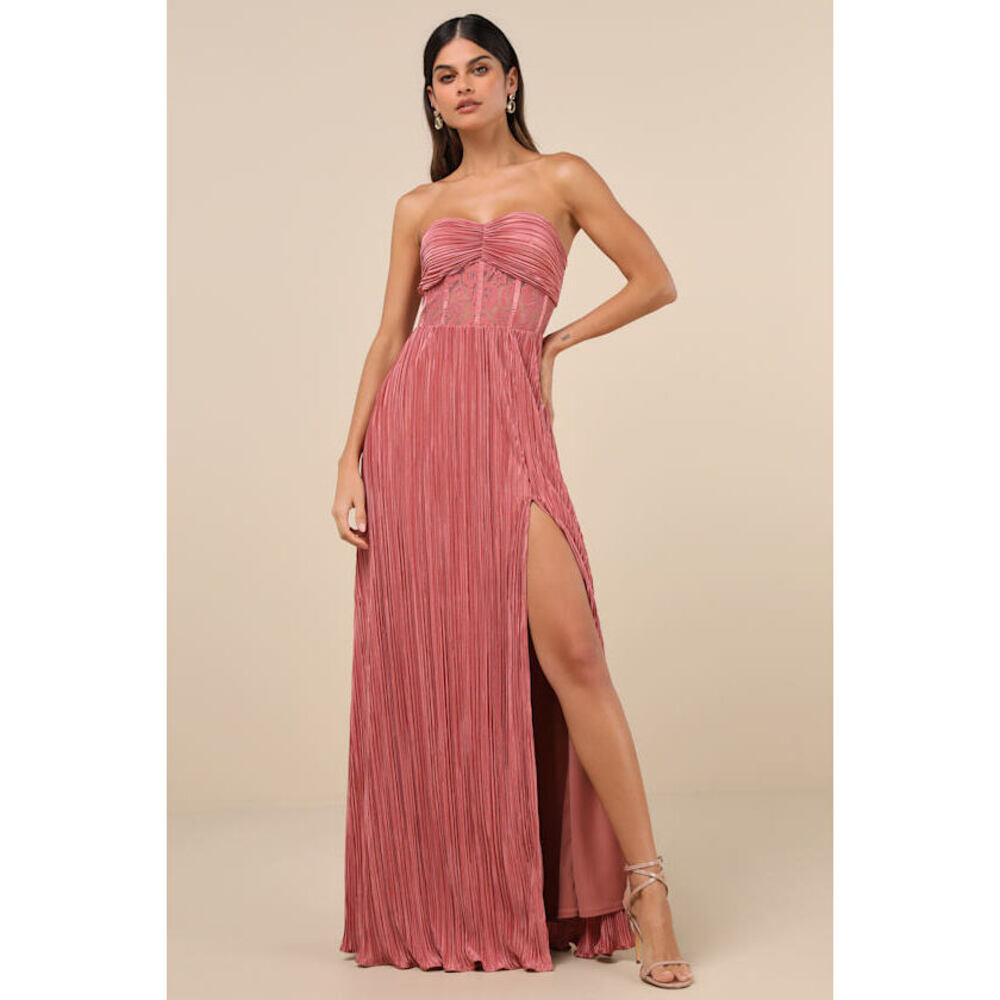 Lulus Desme Rose Pink Satin Plisse Strapless Maxi Dress - Size M